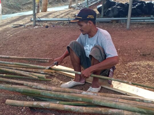 Buat Gapura Wisata Krama Cenil, Sawin Bersihkan Bambu Untuk Pembuatan Gapura.
