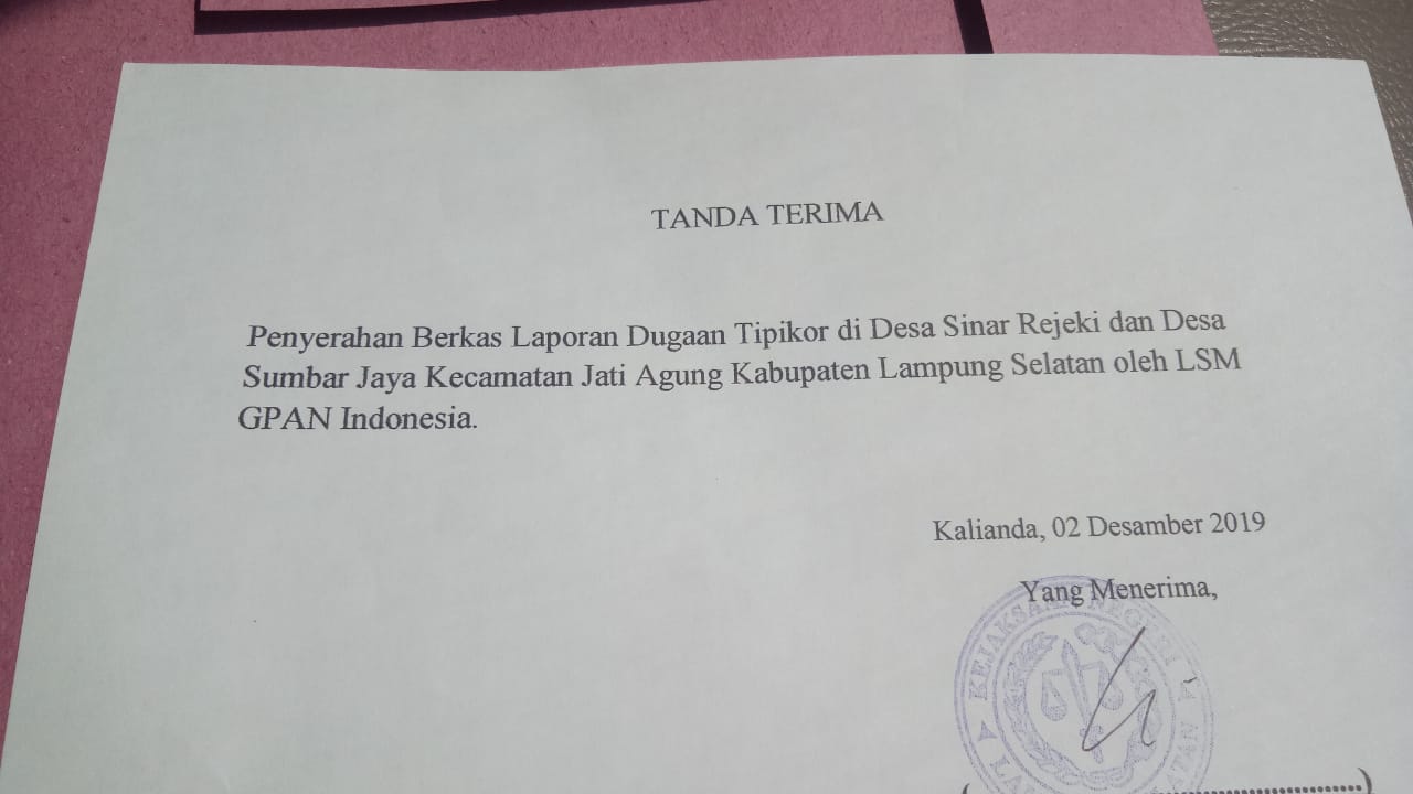LSM GPAN Indonesia Minta Kejaksaan Negri Kalianda Segera Proses Laporan Dugaan Korupsi DD Lampung Selatan