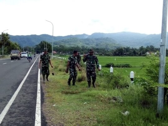 Babinsa Koramil 0801/01 Pacitan Hijaukan Ruas Kiri-Kanan Jalan