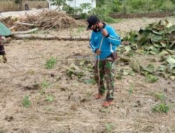 Kemarau Tiba, Anggota Satgas TMMD Bersihkan Daun Jati Kering yang Berserakan