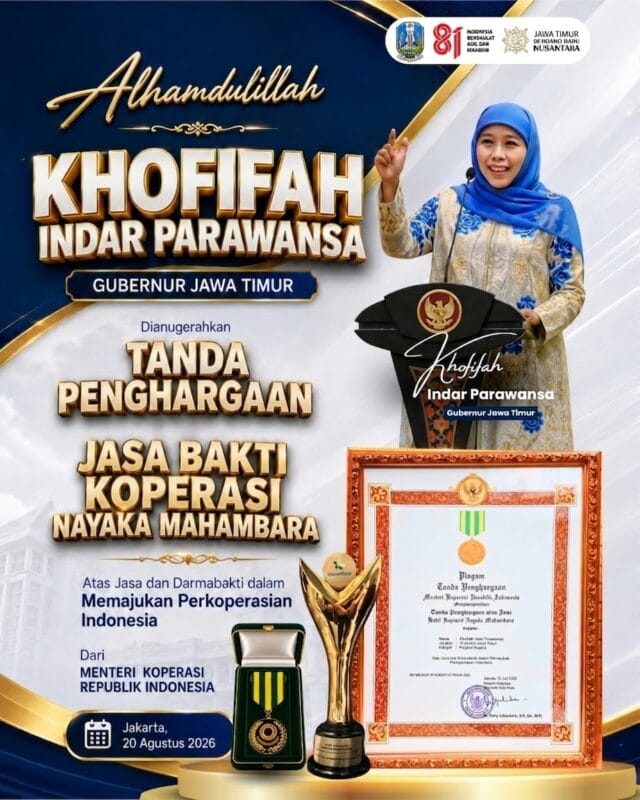 Gubernur Khofifah Terima Penghargaan Jasa Bakti Koperasi Nayaka Mahambara dari Menteri Koperasi, Jatim Pelopor Pembinaan Koperasi Sehat, Mandiri dan Berdaya Saing
